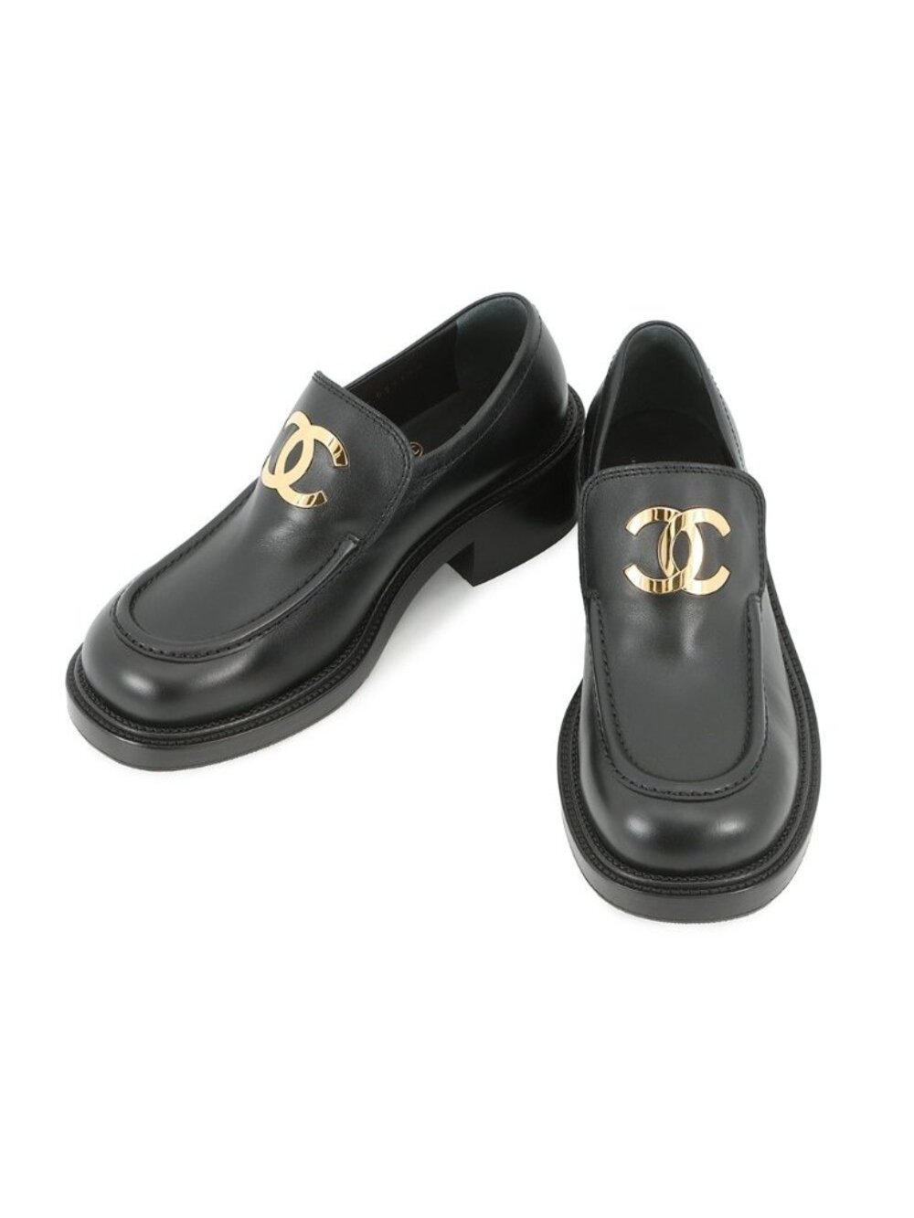 Chanel Loafers CC Logo Leather 37.5 Shoes Black - Picture 1 of 10